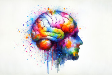 Modern colorful watercolor painting of a human brain, vibrant paint splashes on white background. ai generative - obrazy, fototapety, plakaty