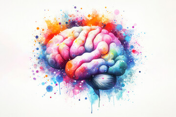 Modern colorful watercolor painting of a human brain, vibrant paint splashes on white background. ai generative