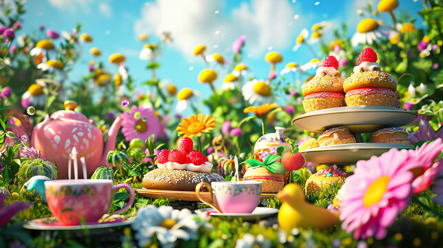 Whimsical Tea Party: A 3D Model Depicting a Sweet and Whimsical Tea Party Set in a Garden, Complete with Animated Pastries and Talking Teacups, Creating an Enchanting and Playful Scene.