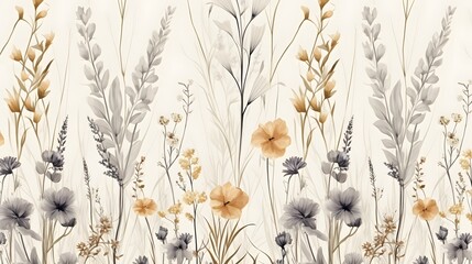 Modern contemporary Seamless pattern with ethereal wildflowers, leaves. vintage dry pressed wild flower plants, grass. Nature floral background. Texture for Cloth, Textile, Wallpaper, fashion printsMo - obrazy, fototapety, plakaty