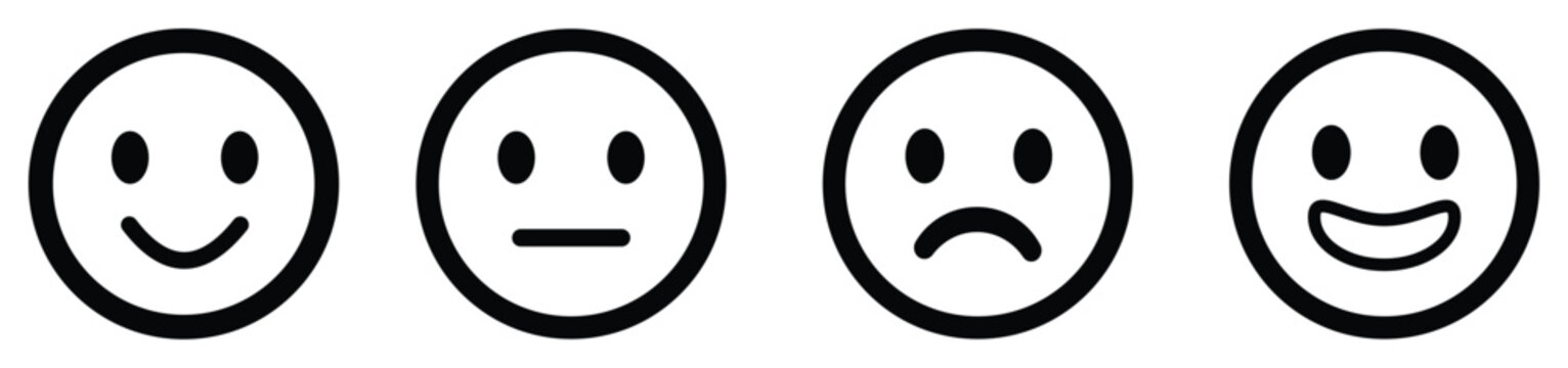 Naklejki Face smile icon positive, negative and neutral opinion vector rate signs, Emoticons mood scale on white background. Angry, sad, neutral and happy emoticon set. funny cartoon Emoji icon.