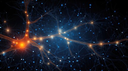 Glowing blue and orange synapses in human or futuristic medical science technology cyborg brain dark navy background