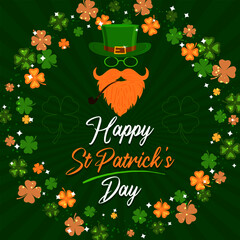 Happy St. Patrick's Day lettering on green background with clover or shamrock and leprechaun character with red beard, green hat, glasses and no face. Vector illustration