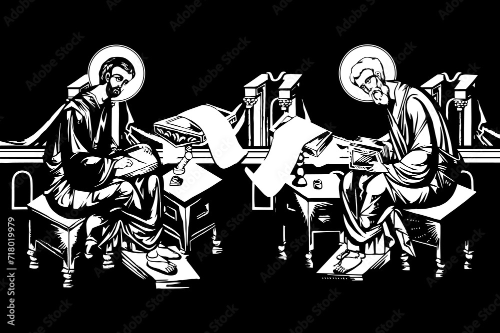 Wall mural Traditional orthodox image of Matthew Levi the Apostle and Luke the Evangelist. Christian antique illustration black and white in Byzantine style