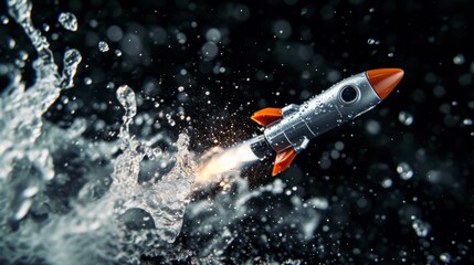 Orbital Rocket Space Object in water splashes on the black background. Horizontal Illustration. Cosmos and Universe Exploration. Ai Generated Illustration with Scientific Cosmic Rocket.