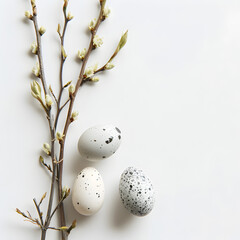 Flat lay easter composition with a willow branch and eggs on a white background.