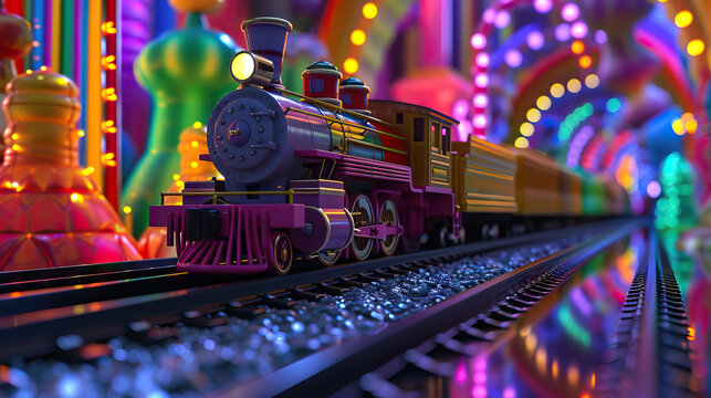 Imaginative Toy Train Adventure: A 3D Model Depicting a Fantastical Train Journey Through a Landscape of Animated Toys, Powered by the Imagination, Evoking a Whimsical and Enchanting Atmosphere