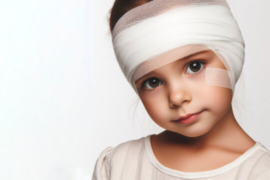 Portrait of a little girl with a white bandage on her head isolated on solid white background. ai generative