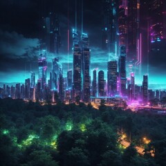 Futuristic Floating City of Skyscrapers, Night