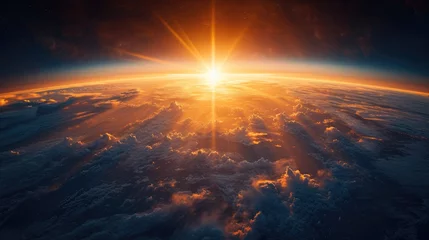 Fotobehang Red bright sunset with the rays of the sun at a bird's eye view, from space and clouds, beautiful landscape wallpaper for desktop © Gizmo