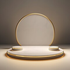 3D Rendering of Premium gold podium mock and light gold rings with dark white background, platform for product presentation. Realistic 3d shapes. Generative Ai