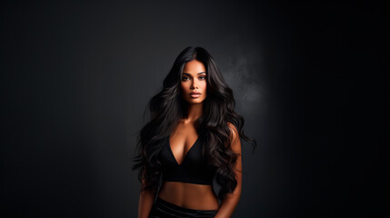 Fototapeta na wymiar Beautiful model with long black hair on a dark background