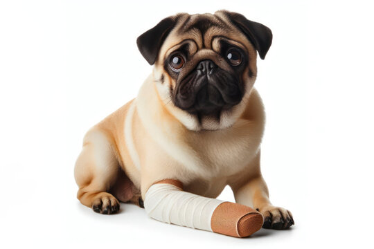 Portrait of a pug dog with a white bandage on his leg isolated on solid white background. ai generative