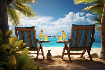 Refreshing drinks on a sandy shore with lush trees and ocean. A paradise getaway for two. Generative AI