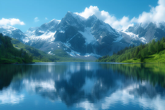 A majestic mountain landscape with towering snow-capped peaks, reflecting in a peaceful lake. Created with generative AI.