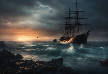 sailboat at sunset and ship.