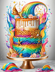 Vibrant Pop Art Illustration: Rainbow Cake, Mermaid Tails, Graffiti Doodles, Golden Caramel Tones...