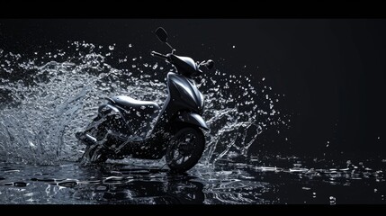 Urban Scooter Sports Equipment in water splashes on the black background. Horizontal Illustration. Outdoor Activity. Ai Generated Illustration with Recreational Gear Scooter.