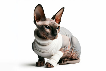 Portrait of a sphinx cat with a white bandage on his leg isolated on solid white background. ai generative
