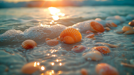 Close-up of shells and stones on the beach as the waves crash onto the shore. The sun reflects off the surface of the water.