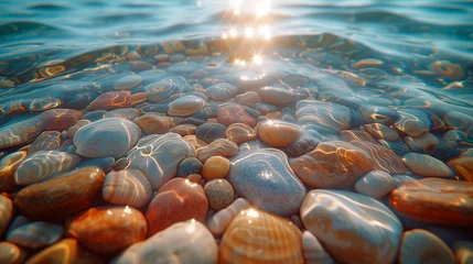 Deurstickers Close-up of shells and stones on the beach as the waves crash onto the shore. The sun reflects off the surface of the water. © The Blue Wave