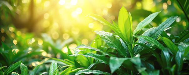 Banner, green nature background, leaves of tropical plants in the sun. Copy space. - Powered by Adobe
