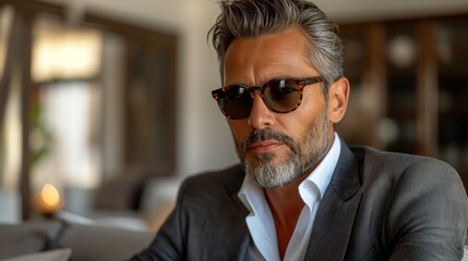 Fototapeta premium Mature, fashionable male executive with sunglasses indoors, exuding confidence