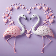 Two flamingos on a pink background in a heart
