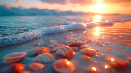 Türaufkleber Steine ​​im Sand A serene sunset at the beach, with the warm glow of the sun illuminating distinct striped seashells and stones partially submerged in the foamy edge of the tide.