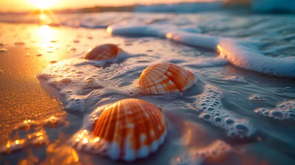 Keuken spatwand met foto A serene sunset at the beach, with the warm glow of the sun illuminating distinct striped seashells and stones partially submerged in the foamy edge of the tide. © The Blue Wave