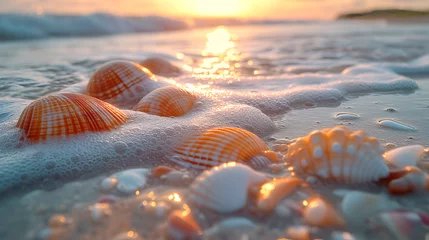 Fototapeten A serene sunset at the beach, with the warm glow of the sun illuminating distinct striped seashells and stones partially submerged in the foamy edge of the tide. © The Blue Wave