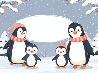 Fototapeta premium Cartoon Penguin Family Celebration with Balloons and Snow: Perfect for Party Invitations and Festive Children's Illustrations