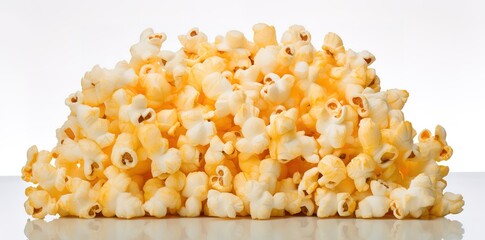 Pile of white popcorn in the photo in front of a white wall. generative AI