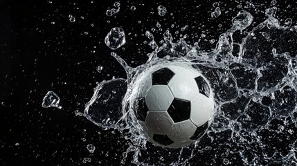 Obraz premium Professional Soccer ball Sports Equipment in water splashes on the black background. Horizontal Illustration. Sporting Gear Ai Generated Illustration with Active Game Soccer ball.