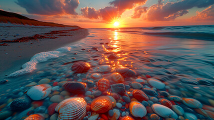 A serene sunset at the beach, with the warm glow of the sun illuminating distinct striped seashells and stones partially submerged in the foamy edge of the tide.
