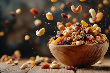 Combined nuts and raisins in a wooden bowl. Generative Ai. - obrazy, fototapety, plakaty