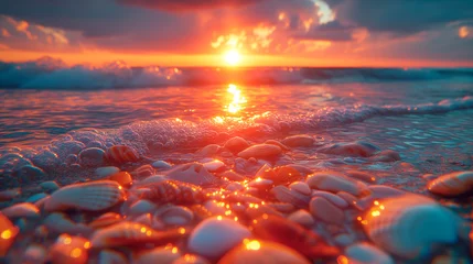 Abwaschbare Fototapete Steine im Sand A serene sunset at the beach, with the warm glow of the sun illuminating distinct striped seashells and stones partially submerged in the foamy edge of the tide.