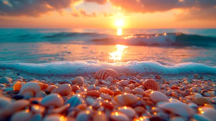 Keuken foto achterwand Stenen in het zand A serene sunset at the beach, with the warm glow of the sun illuminating distinct striped seashells and stones partially submerged in the foamy edge of the tide.