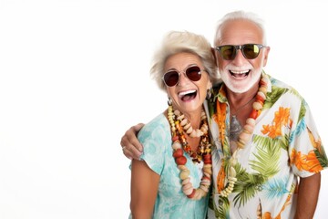 Happy senior couple in vacation clothes, isolated on white background. - obrazy, fototapety, plakaty
