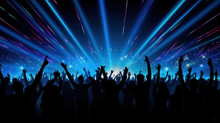 Crowd of dancing people on rave, in nightclub or disco party, laser show, colorful lights