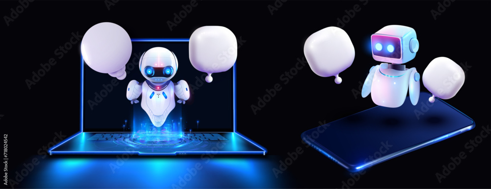 Poster digital communication concept with robots and devices. ai robot with speech bubbles on smartphone sc