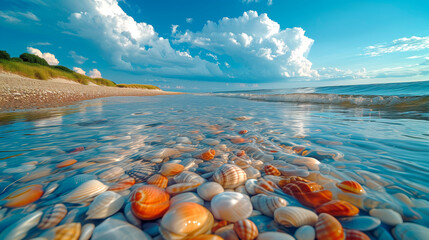 A vibrant collection of colorful seashells submerged in clear, shallow water at the edge of a beach, with a backdrop of a clear sky punctuated by dramatic cumulus clouds.
