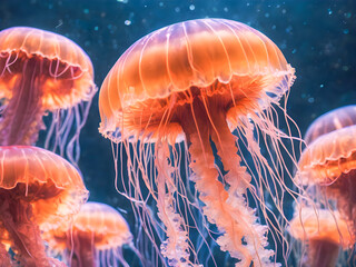 Fototapeta premium Jellyfish swimming in the ocean. Underwater world. Marine life.