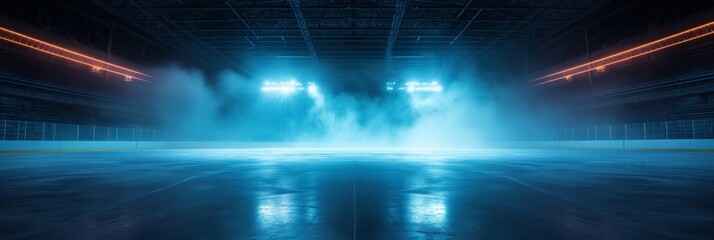 Spotlights on outdoor Hockey stadium with an empty ice rink. Light beams neon lights reflection and smoke. Ice show or figure skating concept.