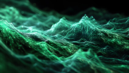 green digital fractal wave flowing over a black background, cyberpunk, futurism, abstract background - obrazy, fototapety, plakaty