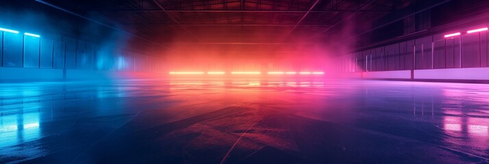 Spotlights on outdoor Hockey stadium with an empty ice rink. Light beams neon lights reflection and smoke. Ice show or figure skating concept. - obrazy, fototapety, plakaty