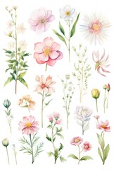 Fototapeta na wymiar Set of watercolor drawn isolated flowers, twigs, buds. Delicate floral motifs, elements for textiles, wallpaper, patterns. Batanic illustration.