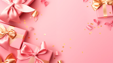 Top view photo of trendy gift boxes with ribbon bows on isolated pastel pink background with copy space. Happy Valentines day, Mothers day, birthday concept. Romantic flat lay composition.