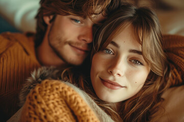 A young couple in love, a guy and a girl hugging tenderly, cozy atmosphere, lifestyle.