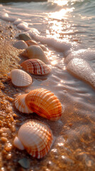 Fototapeta na wymiar Seashells on a sandy beach, bathed in the golden light of a setting sun, with the soft froth of a wave